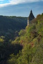 A watchtower above the canyon of the Smotrych River in Kamianets-Podilskyi Royalty Free Stock Photo