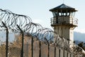 watchtower with barbed wire fence, security theme. Royalty Free Stock Photo