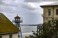 Watchtower of the federal prison on Alcatraz Island in the middle of the bay of the city of San Francisco, California, USA.