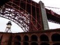 Watchtower at Fort Point, San Francisco: View on Golden Gate Bridge befogged Royalty Free Stock Photo