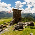 Watchtower made of shale stone. Kvemo Upper Omalo in Georgian Caucasus in Tusheti region