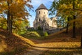 Watchtower and surrounding wall of castle ruins in Cesis town, Latvia