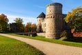 Watchtower and surrounding wall of castle ruins in Cesis town, Latvia