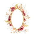 Watecolor fall golden floral frame. Autumn dusty branches and leaves, burgundy rose, pampas grass. Bridal shower, baby shower