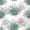 Watecolor French lavender bushes delicate seamless pattern on white background with pastel rose pink stains