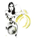 Watecolor hand drawn fashion portrait of abstract woman in spotted dress leaning against a ball