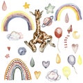 Watecolor hand drawn giraffe illustration and rainbow, Cartoon tropical animal , exotic summer jungle design. Design for baby