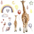 Watecolor hand drawn giraffe illustration and rainbow, Cartoon tropical animal , exotic summer jungle design. Design for baby