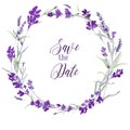 Watecolor lavender delicate floral wreath on white background with message Save the date. Blue flowers and green leaves