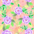 Watecolor seamless pattern made of cute bright pink flowers in pale orange background, wrapping paper and fabric pattern. Royalty Free Stock Photo