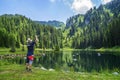 Water activity - fishing school in the Lake La Mouille in the French Alps