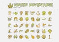 Water adventure vector hand draw icon set. Diving, rafting, kayaking and surfing icons in cartooning doodle style Royalty Free Stock Photo