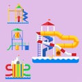 Water aquapark playground with slides and splash pads for family fun vector illustration. Royalty Free Stock Photo