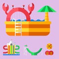 Water aquapark playground with slides and splash pads for family fun vector illustration. Royalty Free Stock Photo