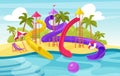 Water amusement park, cartoon aquapark summer resort with waterslides and pool