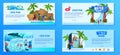 Water amusement park vector illustration set, cartoon flat entertainment theme park banner collection with aqua Royalty Free Stock Photo