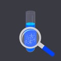 Water analysis icon. Zooming in on a test tube with water. Molecules in water. Chemical and microbiological analysis of drinking