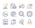 Water analysis, Search employees and Pie chart icons set. Cpu processor, Internet and Bitcoin graph signs. Vector