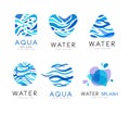 Water and Aqua Logo Design with Blue Splashes and Fluid Wave Shape Vector Set