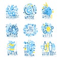 Water or aqua set for logo design. Organic, natural and healthy drinks. Colorful hand drawn illustrations Royalty Free Stock Photo