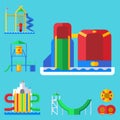 Water aquapark playground with slides and splash pads for family fun vector illustration. Royalty Free Stock Photo