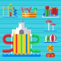 Water aquapark playground with slides and splash pads for family fun vector illustration. Royalty Free Stock Photo