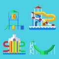 Water aquapark playground with slides and splash pads for family fun vector illustration. Royalty Free Stock Photo