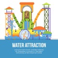 Water attraction or aquapark for kids with different water slides, hills tubes and pools vector illustration. Blue and