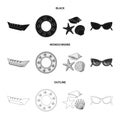 Water attraction, seashells, goggles.Summer vacation set collection icons in black,monochrome,outline style vector Royalty Free Stock Photo