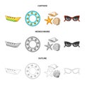 Water attraction, seashells, goggles.Summer vacation set collection icons in cartoon,outline,monochrome style vector Royalty Free Stock Photo