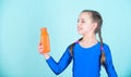 Water balance and hard gym training. Drink more water. Keep water bottle with you. Quench thirst. Child feel thirst Royalty Free Stock Photo