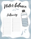 Water balance vector calendar. Water monthly tracker. Water consumption per week and month February