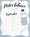 Water balance vector calendar. Water monthly tracker. Water consumption per week and month September