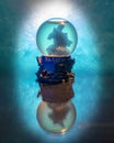 A water ball figure with dolphins on a blue background