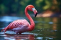 Water ballet Close up of a beautiful pink flamingo on a lake Royalty Free Stock Photo