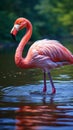 Water ballet Close up of a beautiful pink flamingo on a lake Royalty Free Stock Photo