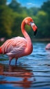 Water ballet Close up of a beautiful pink flamingo on a lake Royalty Free Stock Photo