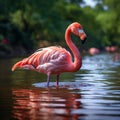 Water ballet Close up of a beautiful pink flamingo on a lake Royalty Free Stock Photo