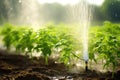 water being sprayed from a drip emitter onto tomato plants Royalty Free Stock Photo