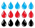 Water, blood and oil drop symbol set in blue, red and black colour Royalty Free Stock Photo