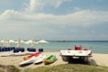 Water boats and kayaks on a beautiful beach in Greece Chalkidiki
