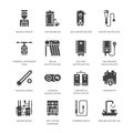 Water boiler, thermostat, electric gas solar heaters and other house heating appliances glyph icons. Equipment store