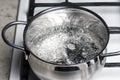 Water boils in a stainless steel pan on a gas stove.