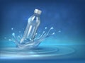 Water bottle advertising. Realistic 3D background with splashes water surfaces and empty water container. Vector blue