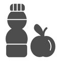 Water bottle and apple solid icon. Healthy lifestyle fitness symbol illustration isolated on white. Fresh apple fruit