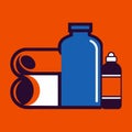 A water bottle and cup placed on an orange background, minimalist and simple composition, Water bottle and towel combo, minimalist
