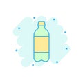 Water bottle icon in comic style. Plastic soda bottle vector cartoon illustration pictogram. Liquid water business concept splash