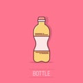 Water bottle icon in comic style. Plastic soda bottle vector cartoon illustration pictogram. Liquid water business concept splash