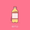 Water bottle icon in comic style. Plastic soda bottle vector cartoon illustration pictogram. Liquid water business concept splash