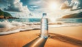 Water bottle on the sand with the ocean waves and sunlight in the background Royalty Free Stock Photo